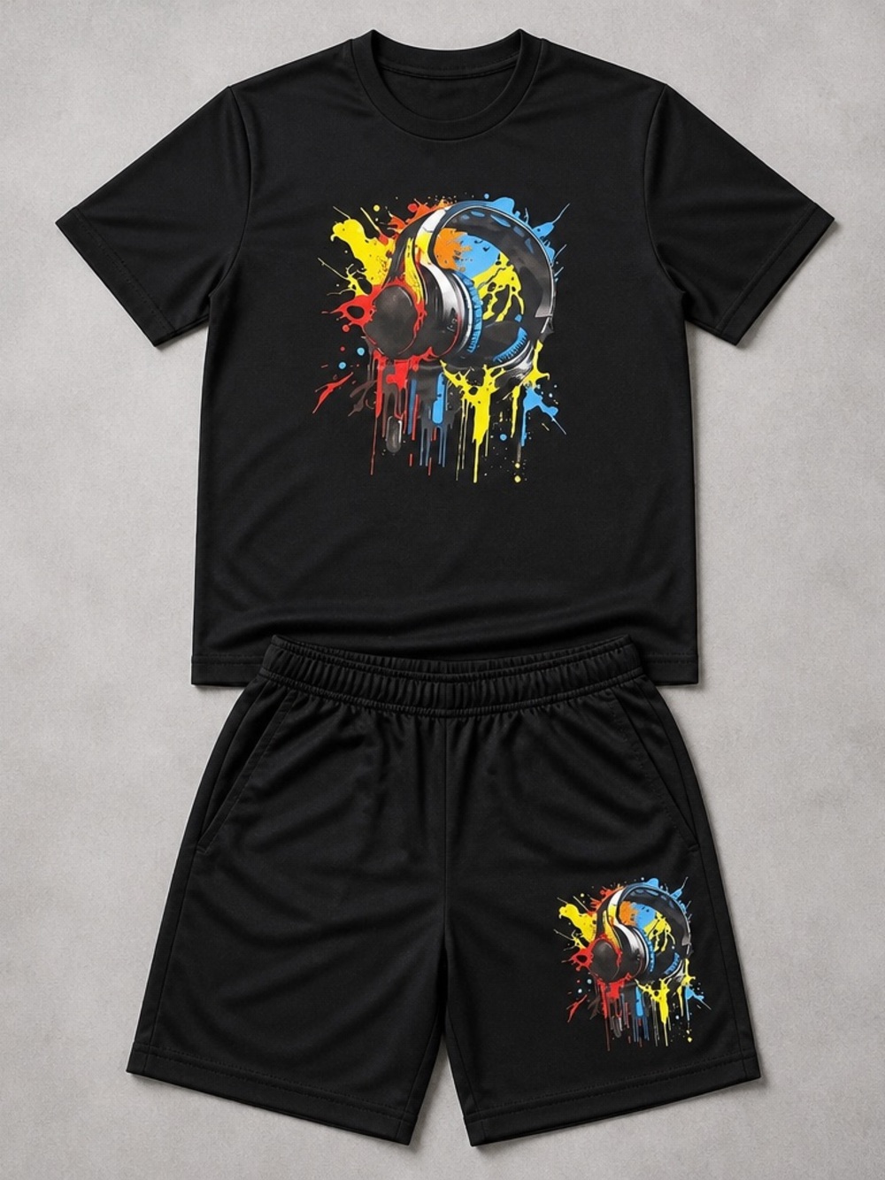 Black Kids Pajama Set with Colorful Headphone Splash Graphic